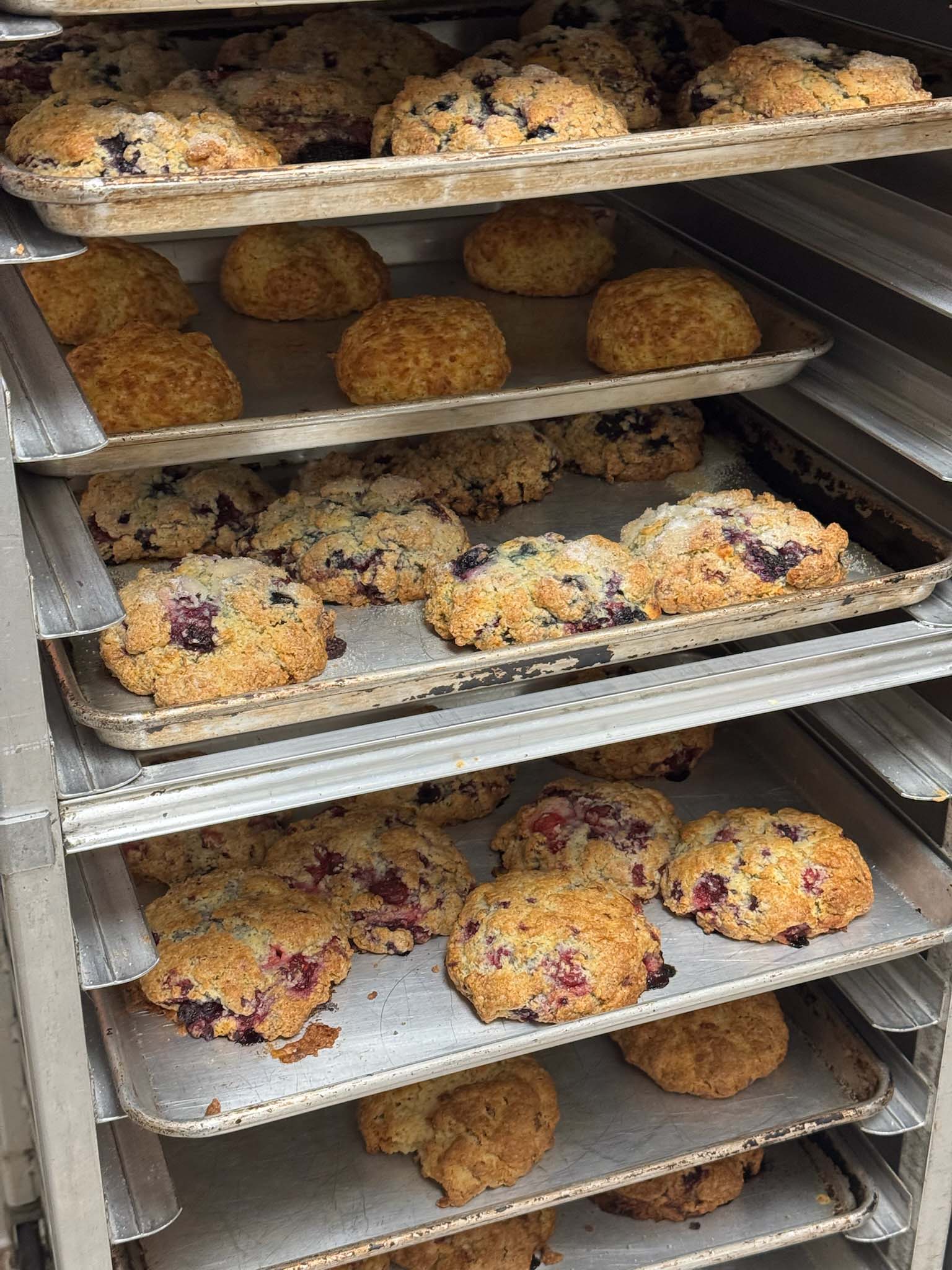 Baking trays with scones in a kitchen setting